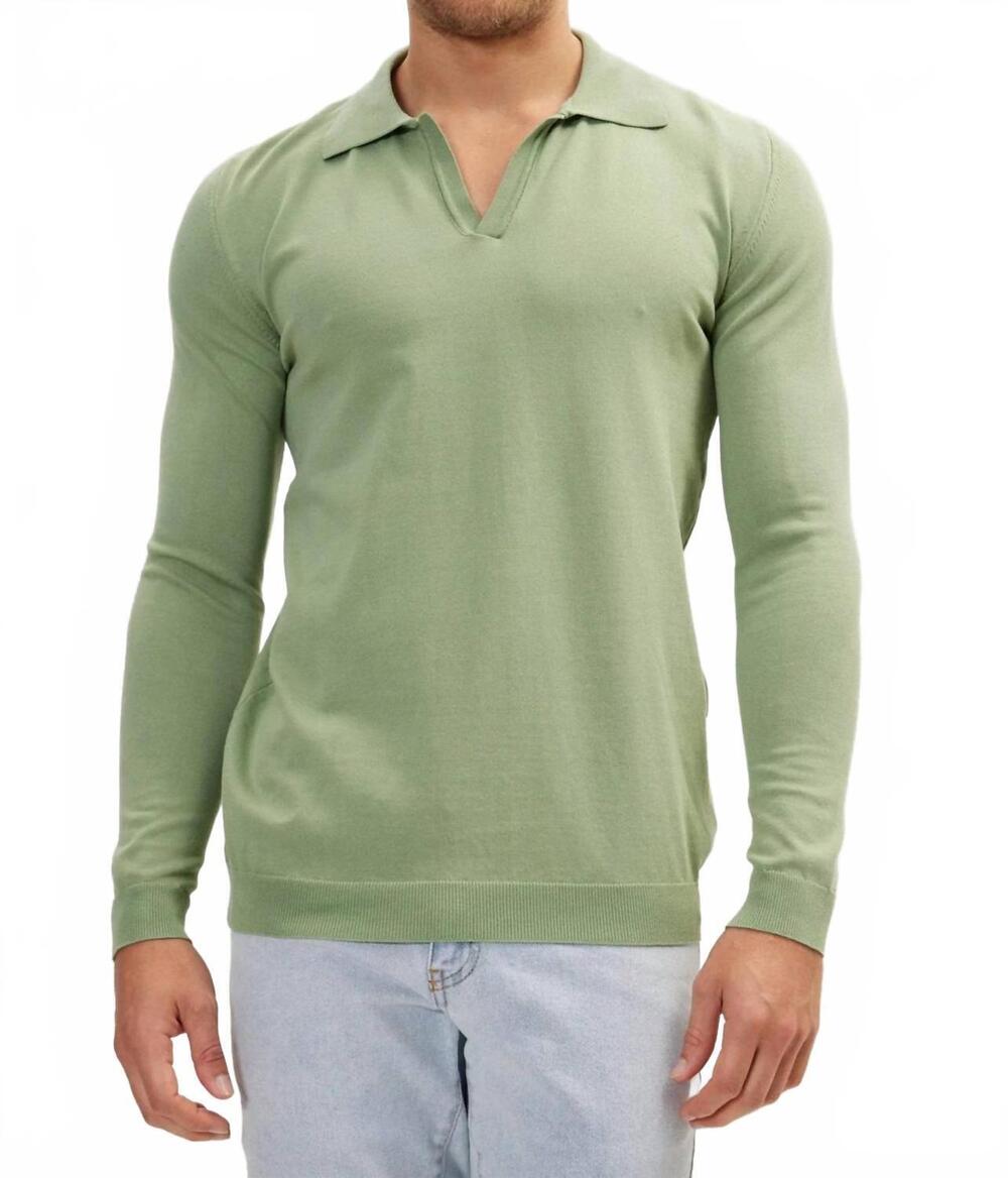 NEW RON TOMSON johnny collar long sleeve knit polo in teal green